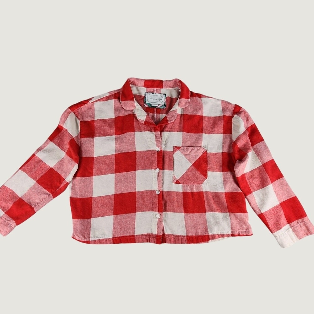 American Eagle AE Lounge Womens Med Red Buffalo Plaid Cropped Flannel Button Up